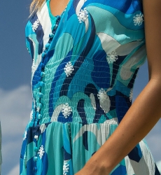 Long Dress Scarlett – blue/white – bohemian print – V-neck – smocked belt – Miss June Paris – 6