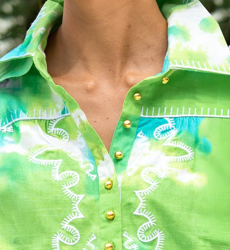 Robe Courte Victoria - verte/aqua -manche courte - motif tie & dye - ceinture assortie - bohème  - Miss June Paris - 6