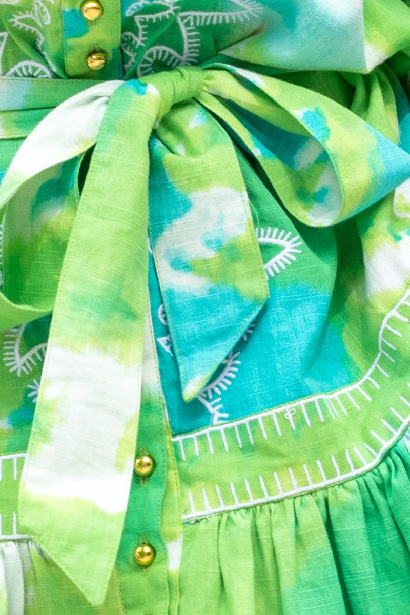 Short Dress Victoria – green/aqua – short sleeves – tie & dye pattern – matching belt – bohemian – Miss June Paris – 6