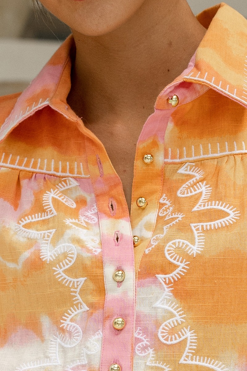 Camisa Hayley – rosa/naranja – mangas largas abullonadas – estampado tie-dye – bohemio – Miss June Paris – 7