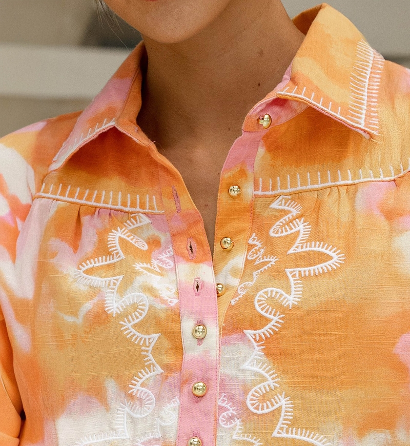 Camisa Hayley – rosa/naranja – mangas largas abullonadas – estampado tie-dye – bohemio – Miss June Paris – 7