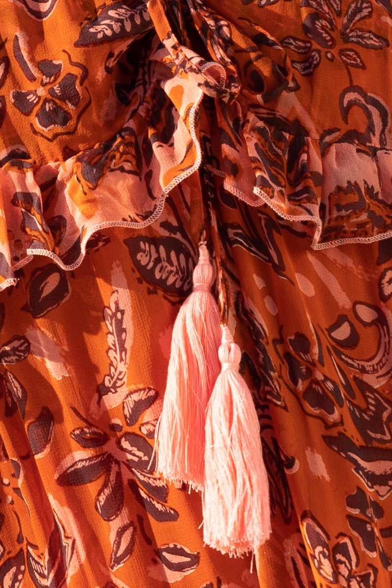 Robe Longue Vanessa - orange - motif fleuri - bretelles ajoustables - petits volants - boho chic - Miss June Paris - 8