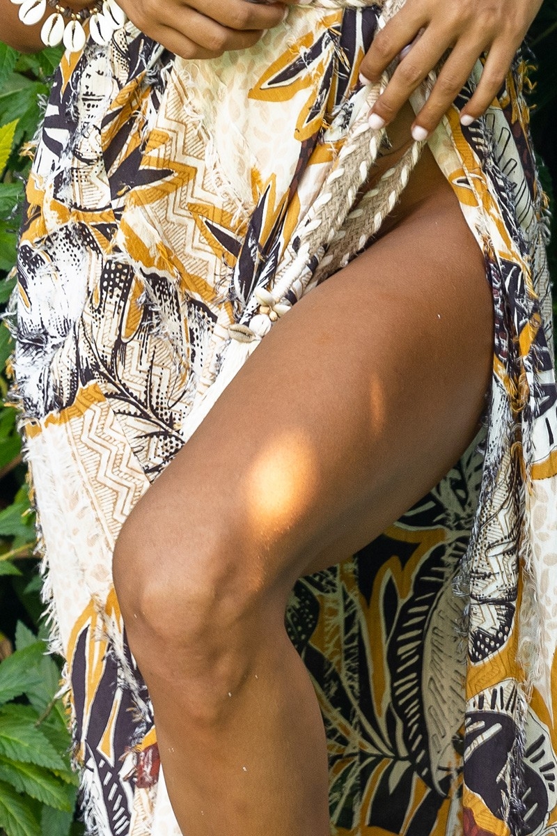 Vestido Largo Sarah - marrón/mostaza - estampado tropical - cinturón a juego - boho - Miss June Paris - 7