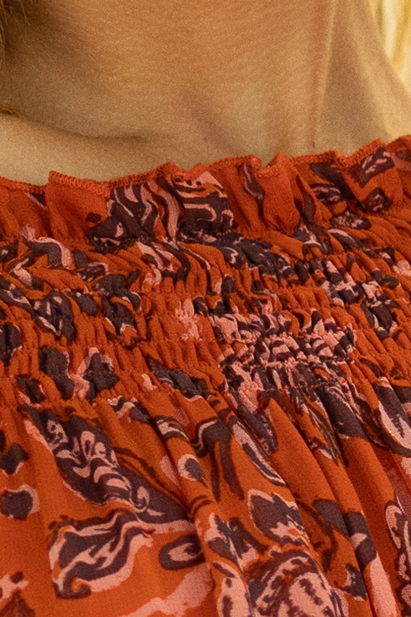 Robe Courte Melissa - orange - imprimé fleuri - manches longues- épaules dénudées - boho - Miss June Paris - 6