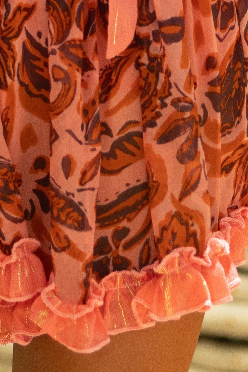 Short Dress Melissa - orange - floral print - long sleeves - off-the-shoulder - boho - Miss June Paris - 7