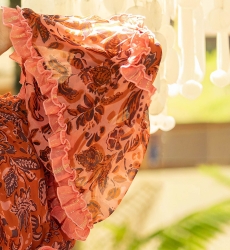 Short Dress Melissa - orange - floral print - long sleeves - off-the-shoulder - boho - Miss June Paris - 8