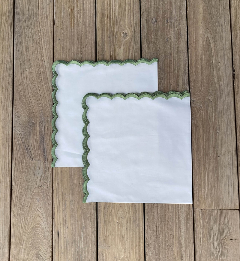 Serviette de table Absinthe Green (Lot de 2) - blanches - 100% coton - broderie verte - Jardin Botanique - Miss June Paris - 4