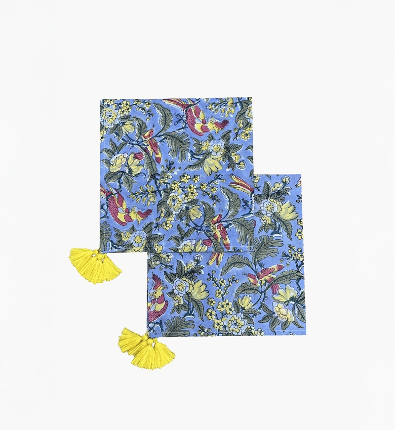 Serviette de table Blue Birds (Lot de 2) - blue/jaune/rouge - design bohème floral - Jardin Botanique - Miss June Paris - 1