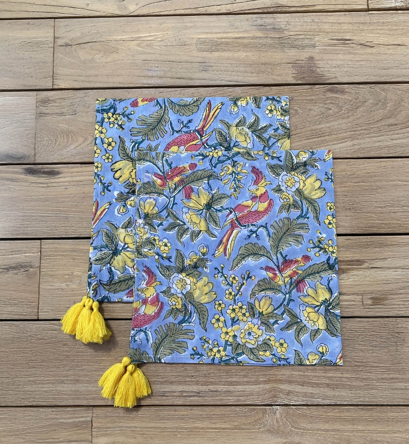 Serviette de table Blue Birds (Lot de 2) - blue/jaune/rouge - design bohème floral - Jardin Botanique - Miss June Paris - 4