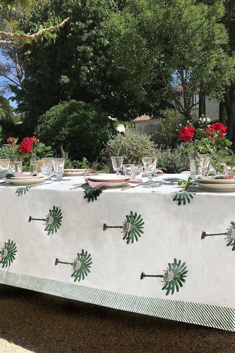 Mantel Island Green – blanco/verde – estampado palmeras – 100% algodón – boho chic – Jardín Botánico – Miss June Paris – 3