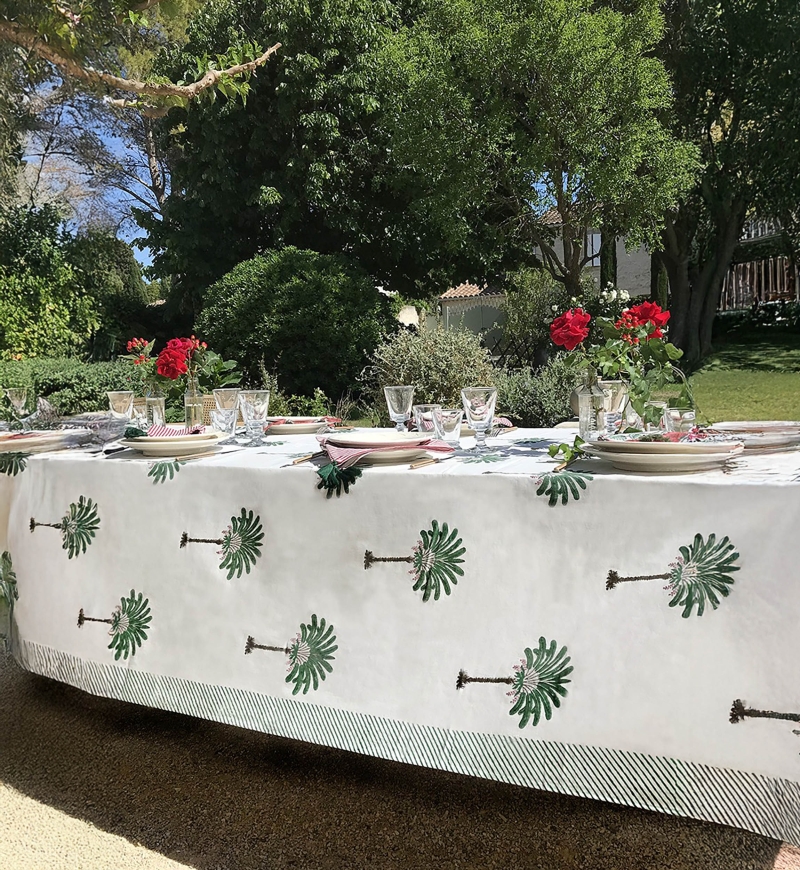 Nappe Island Green - blanche/vert - imprimés palmiers - 100% coton - boho chic - Jardin Botanique - Miss June Paris - 3